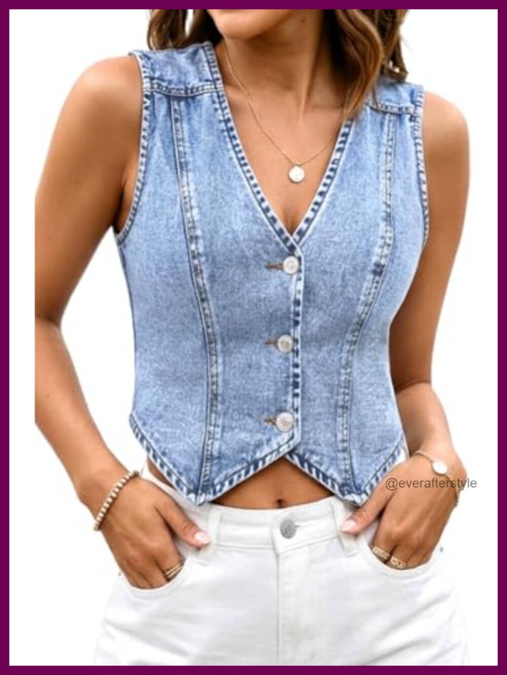 Women's Sleeveless V-Neck Cropped Denim Vest Button Front Jean Vest